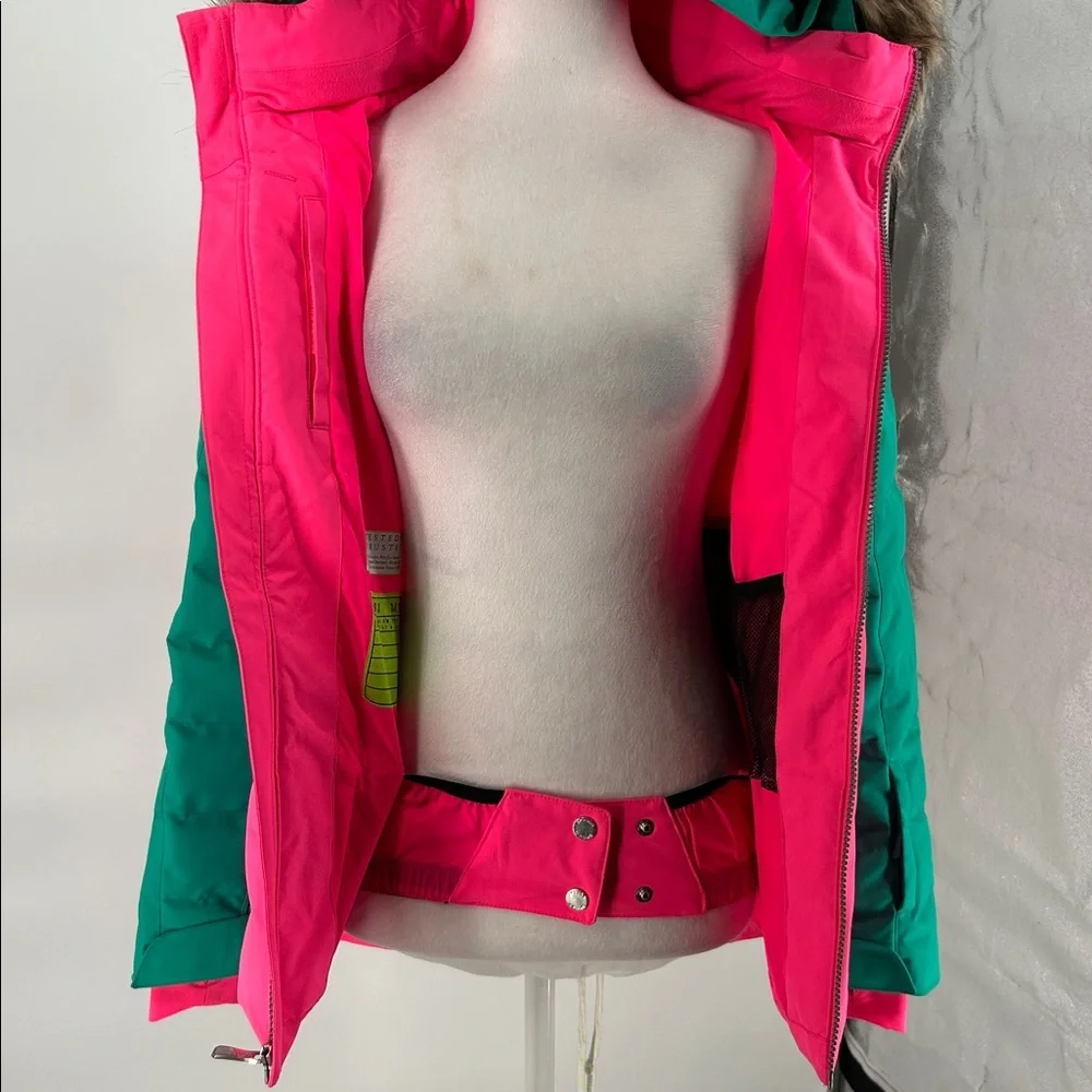 Spyder Girls Insulated Ski Jacket Pink Green Faux Fur Hood Size 16 - Picture 9 of 16